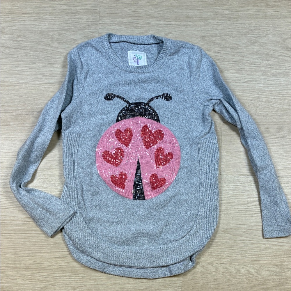 Colortree Sequined Ladybug “Lovebug” Gray Girl’s Sweater size 5 Valentine’s
